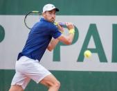 May 23, 2016; Paris,France; Steve Johnson (USA) in action during his match against Fernando Verdasco (ESP) on day two of the 2016 French Open at Roland Garros. Mandatory Credit: Susan Mullane-USA TODAY Sports