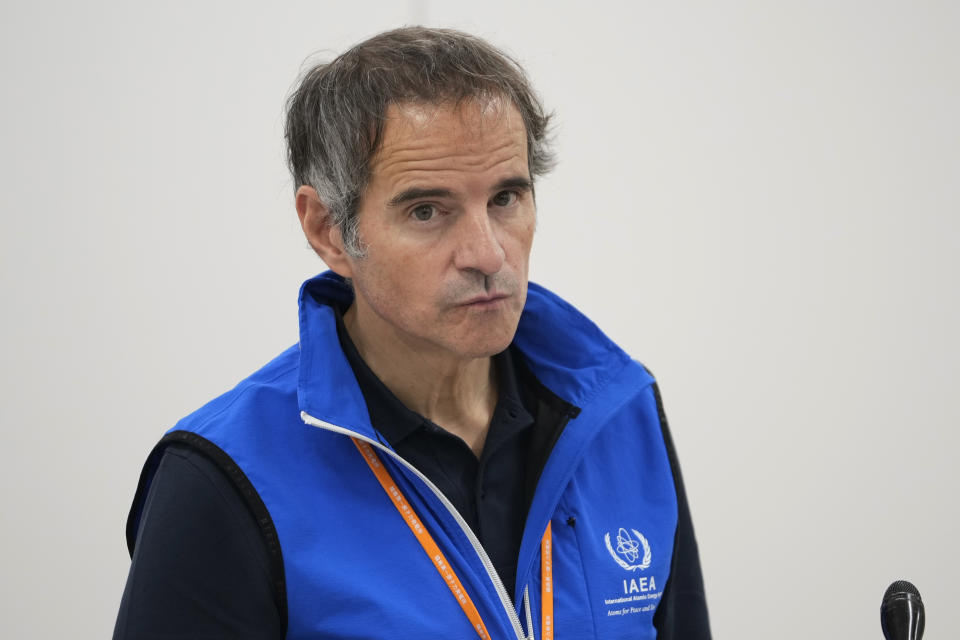 Rafael Mariano Grossi, Director General of the International Atomic Energy Agency, listens to a reporter's question during a news conference at the damaged Fukushima nuclear power plant in Okuma, northeastern Japan, Wednesday, July 5, 2023. The United Nations nuclear chief toured Japan’s tsunami-wrecked nuclear power plant Wednesday, including some of the key facilities that will release treated radioactive water into the sea, the day after his agency affirmed the safety of a contentious plan.(AP Photo/Hiro Komae, Pool)