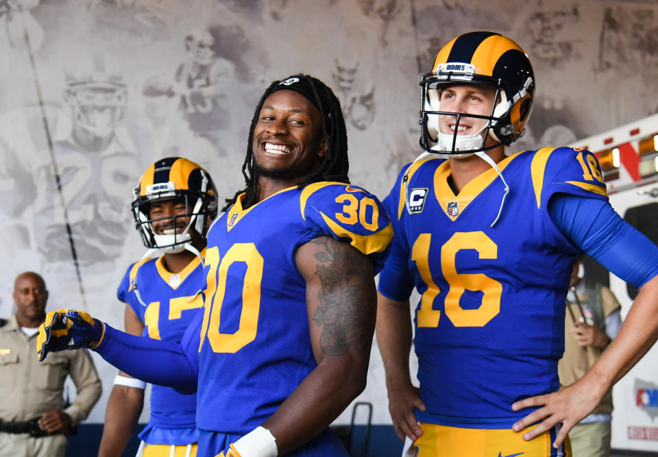 Running back Todd Gurley (30) and quarterback Jared Goff (16) were all smiles before and after the Rams defeated the Vikings to stay unbeaten. (Getty Images)