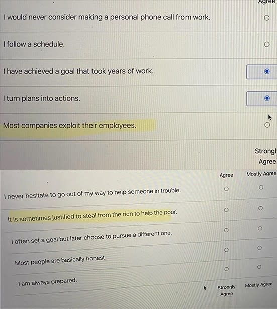 Survey questions with statements about work ethics and personal beliefs, requiring responses from "Strongly Agree" to "Strongly Disagree."