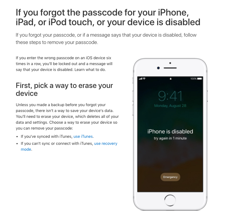 There are ways to get around a lock - but it involves doing a phone reset. Photo: support.apple.com