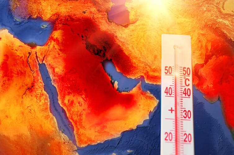 A thermometer turned onto a satellite image of the Arabian Peninsula.