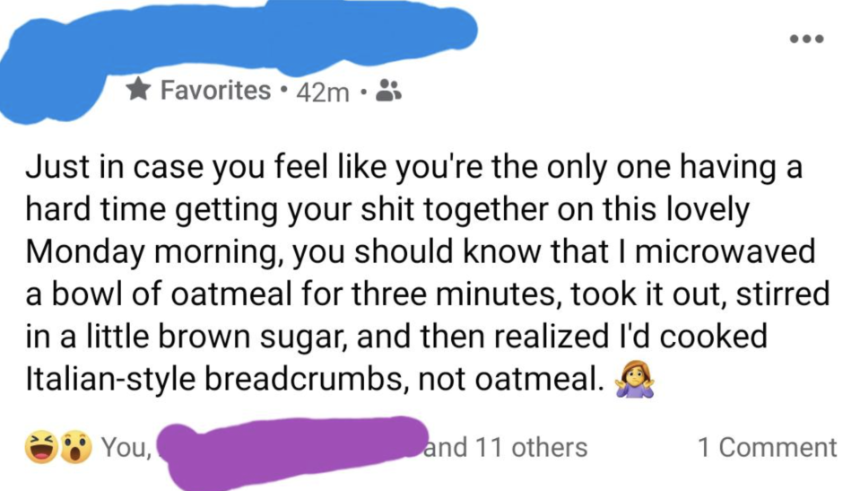 person who cooked breadcrumbs instead of oatmeal