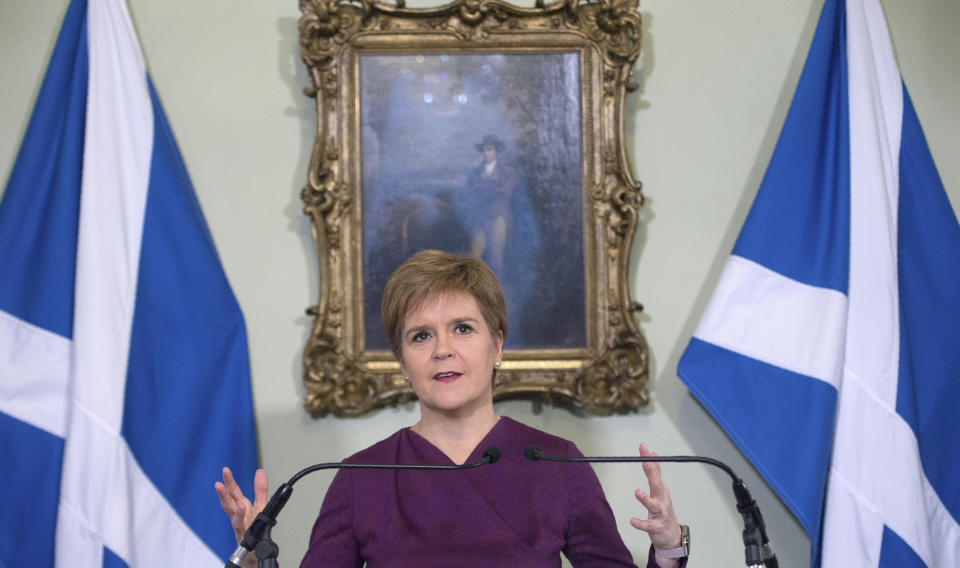 Scotland's First Minister Nicola Sturgeon sets out the case for a second referendum on Scottish independence, during a statement at Bute House in Edinburgh, Thursday, Dec. 19, 2019. (Neil Hanna/PA via AP)