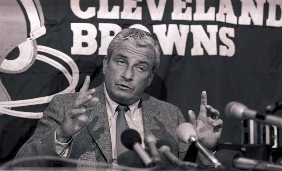 FILE - This Sept. 21, 1982 file photo shows Cleveland Browns owner Art Modell gesturing during a news conference about the strike by NFL players, in Cleveland.  One of the most influential owners in the history of the NFL, Modell helped mold the foundation of the league.  The innovative Modell, whose reputation was forever tainted when he moved his franchise from Cleveland to Baltimore, died early Thursday, Sept. 6, 2012 in Baltimore. He was 87. (AP Photo/Mark Duncan, File)