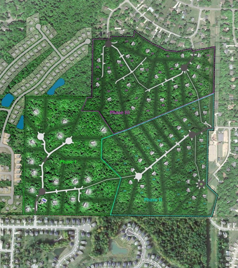 This map shows the three phases for Scenic View Estates. The development has 60 lots ranging from 1-5 acres.