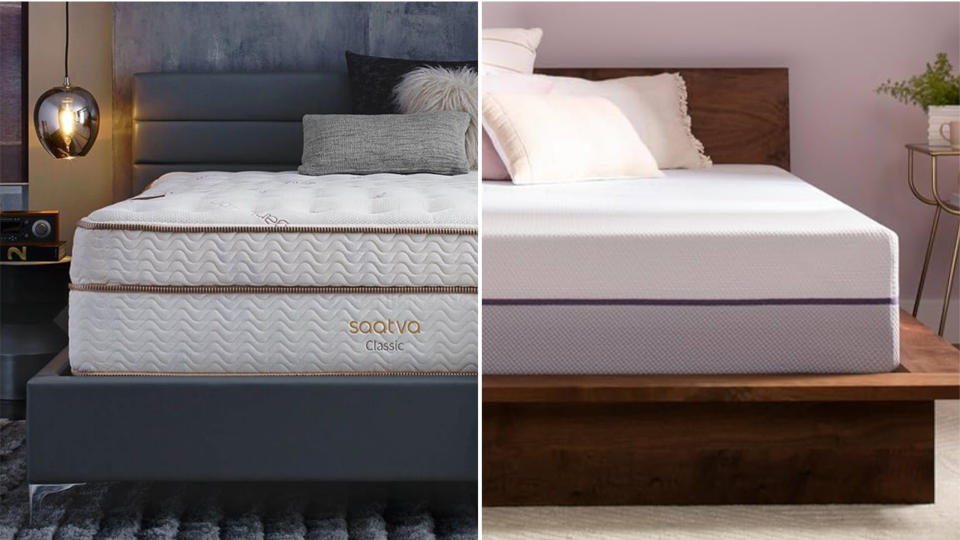  Saatva vs Purple mattress comparison image shows the Saatva Classic mattress on the left and the Purple Plus mattress on the right . 