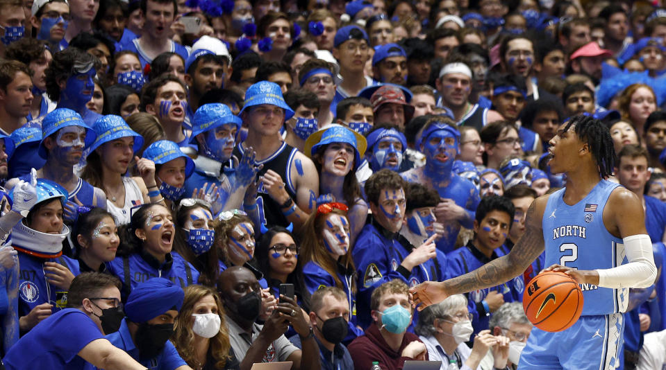 DURHAM, NORTH CAROLINA - MARCH 05: Caleb Love #2 of the North Carolina Tar Heels reacts towards the fans after defeating the Duke Blue Devils 94-81at Cameron Indoor Stadium on March 05, 2022 in Durham, North Carolina. (Photo by Jared C. Tilton/Getty Images)