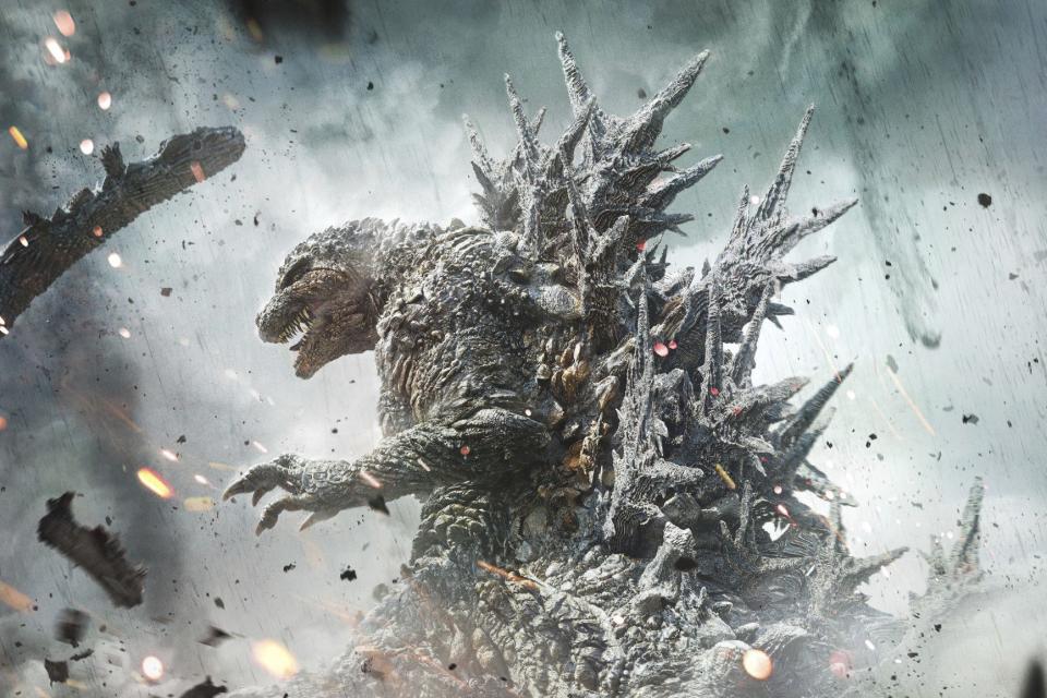 This image released by @2023 TOHO CO., LTD. shows Godzilla in a scene from “Godzilla Minus One.” Godzilla, the nightmarish radiation spewing monster born out of nuclear weapons, has stomped through many movies, including several Hollywood remakes. (@2023 TOHO CO., LTD. via AP)