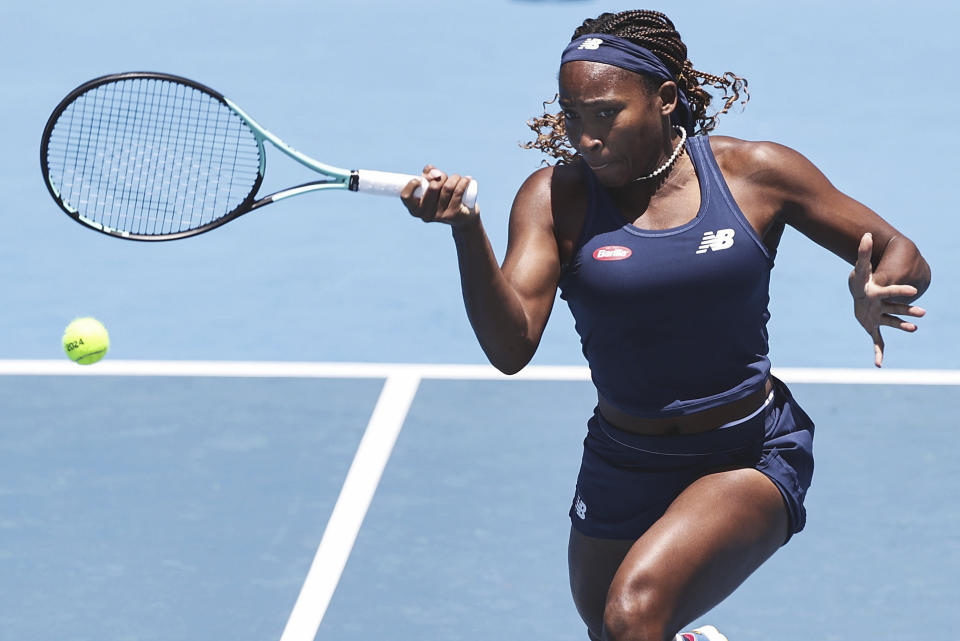 Coco Gauff of United States plays a forehand return to Brenda Fruhvirtova of Czech Republic at the ASB Tennis Classic in Auckland, New Zealand, Thursday, Jan. 4, 2024. (David Rowland/Photosport via AP)