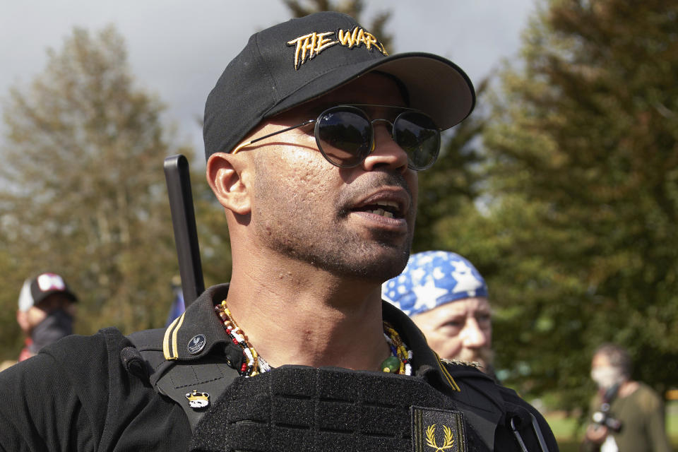 FILE- Proud Boys leader Enrique Tarrio speaks at a rally in Delta Park on Saturday, Sept. 26, 2020, in Portland, Ore. The seditious conspiracy convictions of former Proud Boys leader Enrique Tarrio and three lieutenants bolsters the Justice Department’s high-profile wins in its historic prosecution of the Capitol attack. The verdict handed down Thursday could further embolden the Justice Department and special counsel Jack Smith as his team investigates efforts by former President Donald Trump and his allies to undo President Joe Biden’s victory. Smith’s work is now proceeding rapidly. (AP Photo/Allison Dinner, File)