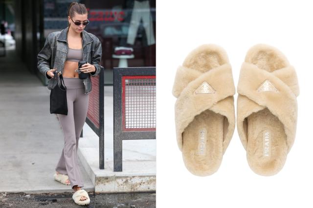 noodzaak toewijzing Melodramatisch Hailey Bieber Just Stepped Out in $1,070 Shearling Prada Slippers