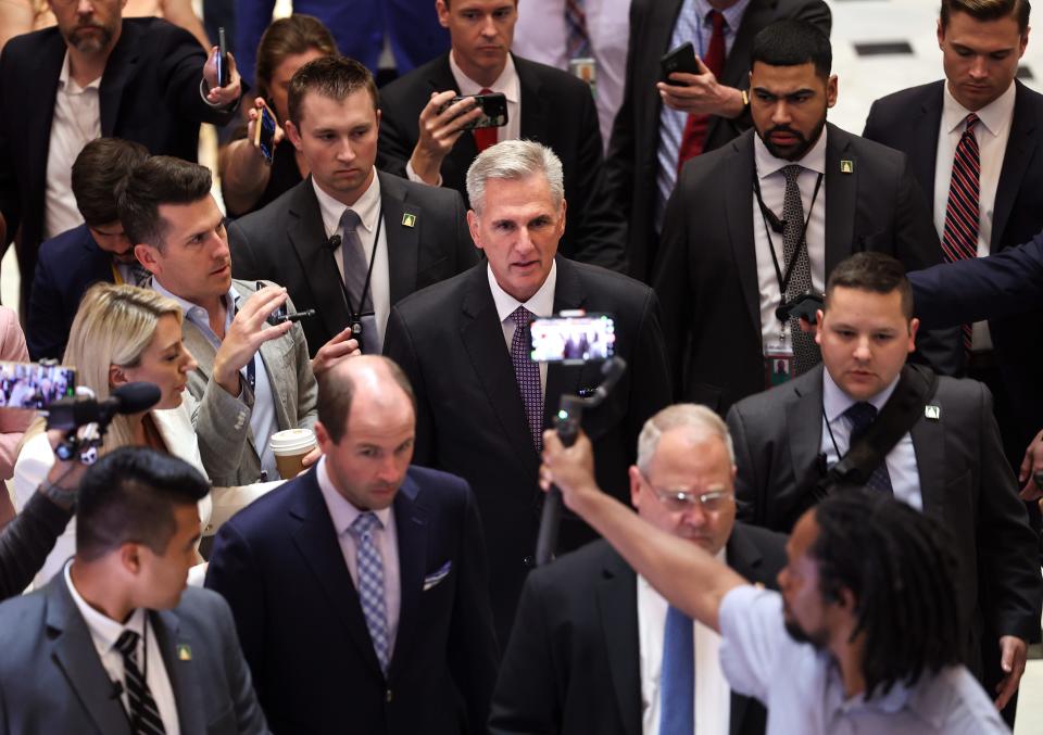 U.S. Speaker of the House Kevin McCarthy (R-CA) talks to reporters as he walks to his office at the U.S. Capitol on May 31, 2023, in Washington, D.C. The House of Representatives cast a bipartisan vote to pass The Fiscal Responsibility Act and avoid a federal default.