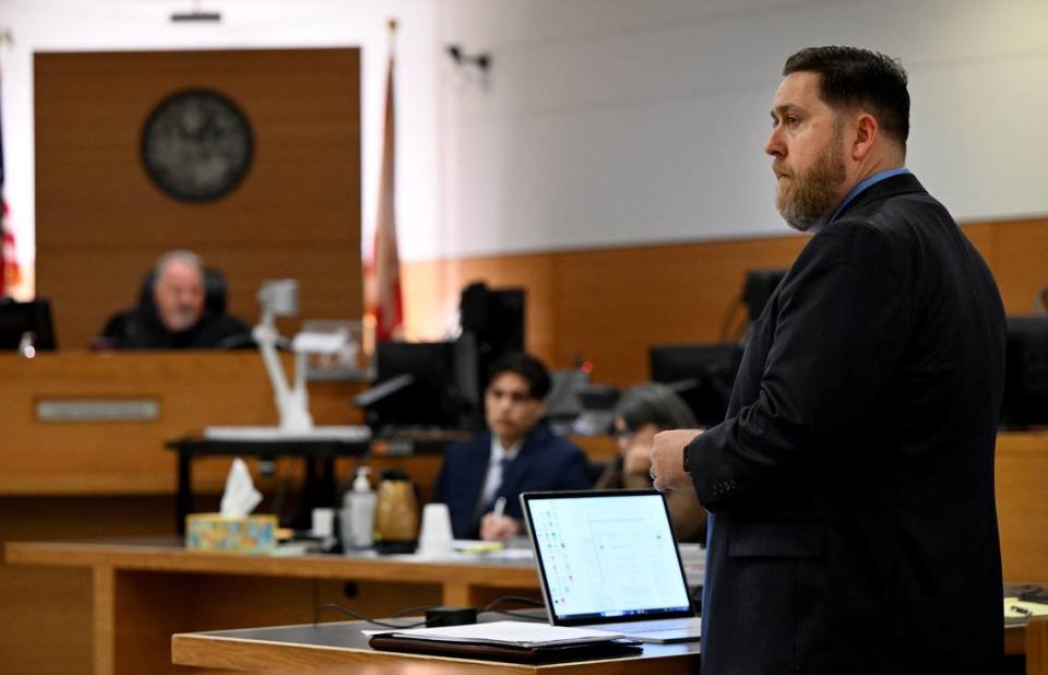 Defense attorney Eric Reisinger, representing David Consuegra Jr. during a joint trial with Jacob Maldonado presided over by Judge Frederick Mercurio at the Manatee County Judicial Center for a 2020 fatal shooting.
