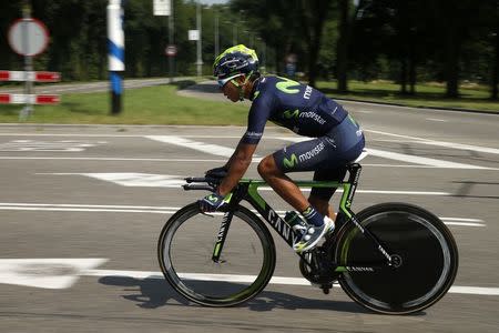 Movistar rider Nairo Quintana of Colombia cycles during a team training session in Utrecht, Netherlands, July 3, 2015. REUTERS/Benoit Tessier