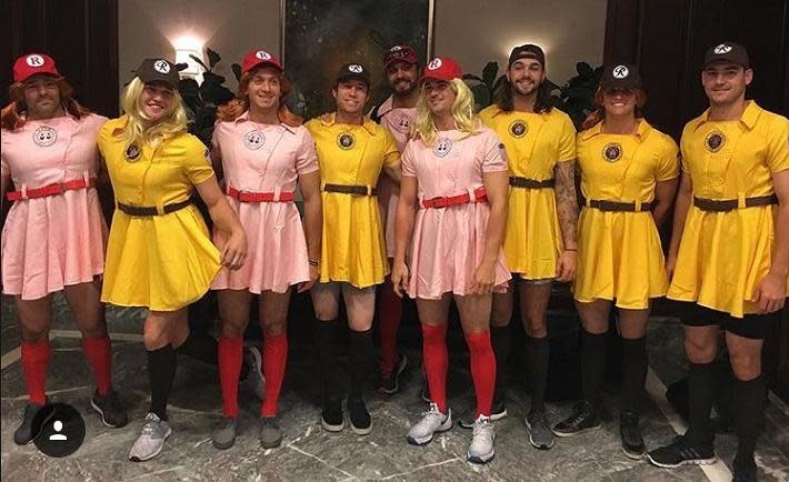 Mets rookies dress up as the Rockford Peaches and Racine Belles from 