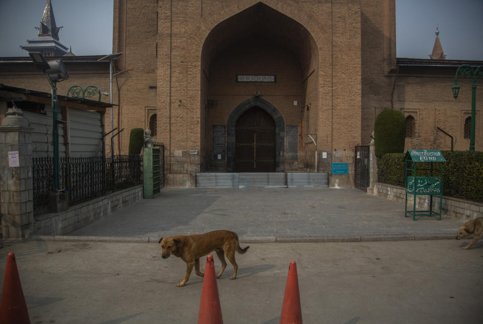 Stray dogs walk past the entrance of the Jamia Masjid, or the grand mosque that remains locked on Fridays in Srinagar, Indian controlled Kashmir, Nov. 12, 2021. Authorities allow the mosque to remain open the other six days, but only a few hundred worshippers assemble there on those occasions. Indian authorities see it as a trouble spot, a nerve center for anti-India protests and clashes that challenge New Delhi’s sovereignty over disputed Kashmir. For Kashmiri Muslims it is a symbol of faith, a sacred place where they offer not just mandatory Friday prayers but also raise their voice for political rights. (AP Photo/Mukhtar Khan)