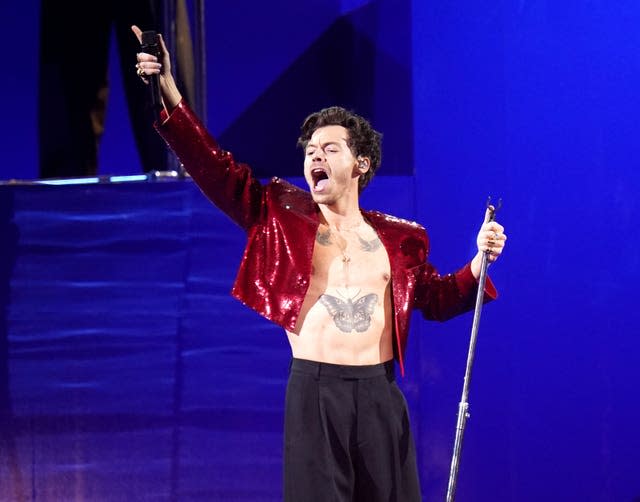 Harry Styles performs during the Brit Awards 2023 in London