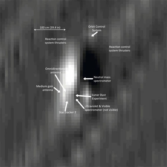 This NASA photo of the LADEE moon orbiter as seen by the Lunar Reconnaissance Orbiter identifies key parts of the LADEE spacecraft (geometrically corrected). Image released Jan. 29, 2014.