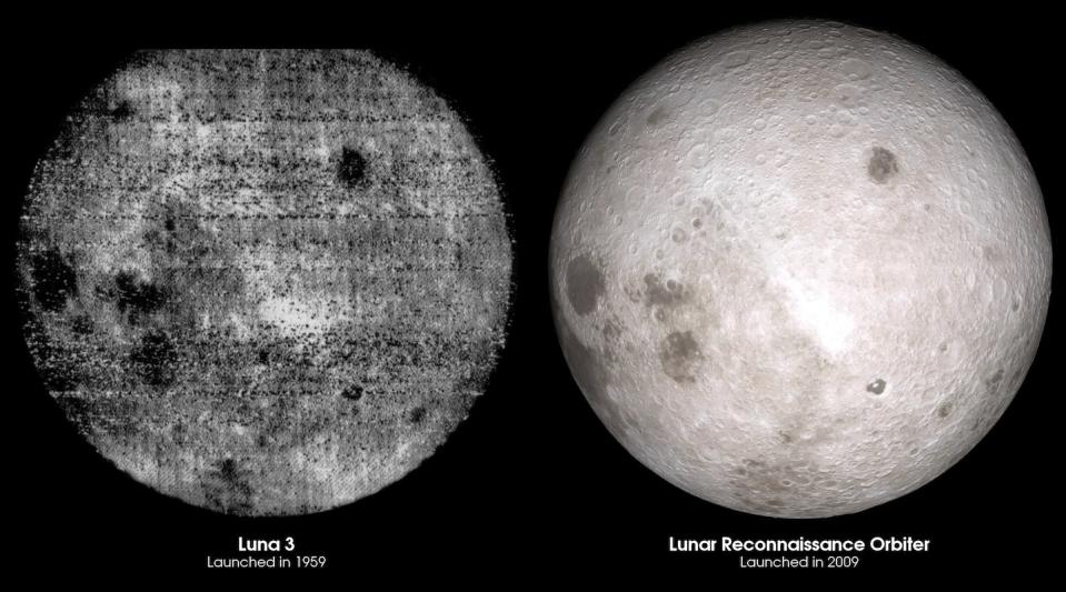 Comparison of humanity’s first glimpse of the lunar far side and the same view thanks to LRO data 50 years later. <a href="https://svs.gsfc.nasa.gov/4109" rel="nofollow noopener" target="_blank" data-ylk="slk:NASA's Goddard Space Flight Center Scientific Visualization Studio;elm:context_link;itc:0;sec:content-canvas" class="link ">NASA's Goddard Space Flight Center Scientific Visualization Studio</a>, <a href="http://creativecommons.org/licenses/by/4.0/" rel="nofollow noopener" target="_blank" data-ylk="slk:CC BY;elm:context_link;itc:0;sec:content-canvas" class="link ">CC BY</a>