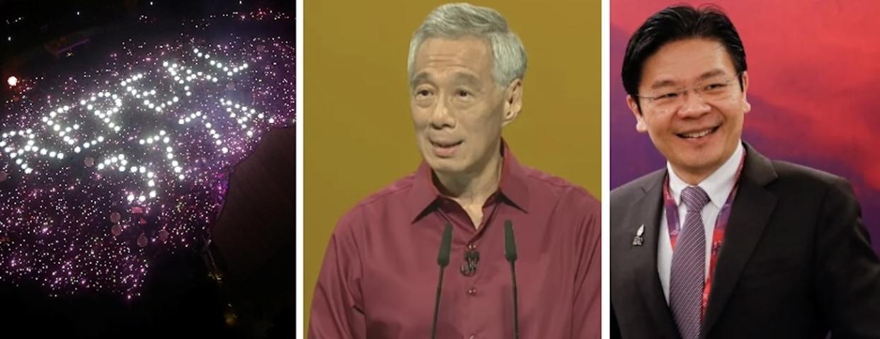 A Pink Dot gathering in 2019 calling for a repeal of Section 377A, Prime Minister Lee Hsien Loong and Deputy Prime Minister Lawrence Wong. (PHOTOS and SCREENSHOT: Reuters/Prime Minister's Office YouTube/Reuters)