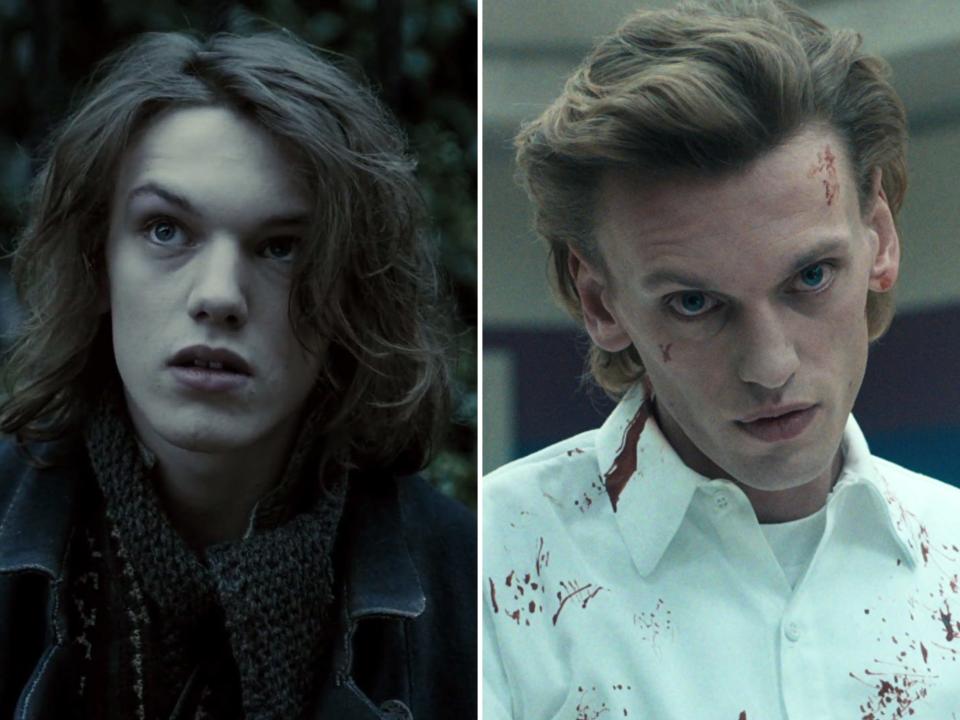 left: jamie campbell bower in sweeney todd. he's younger, with long brunette hair framing his face; right: jamie campbell bower in stranger things wearing a white collared shirt splattered with blood. he's older