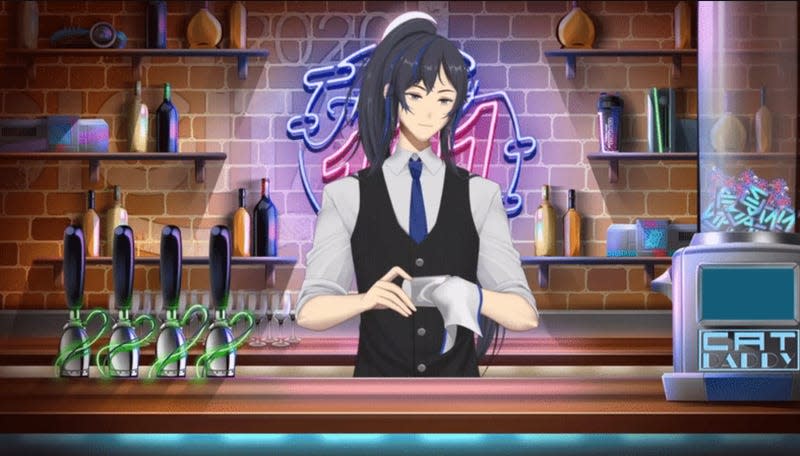 An anime bartender cleans a glass while standing behind a bar.