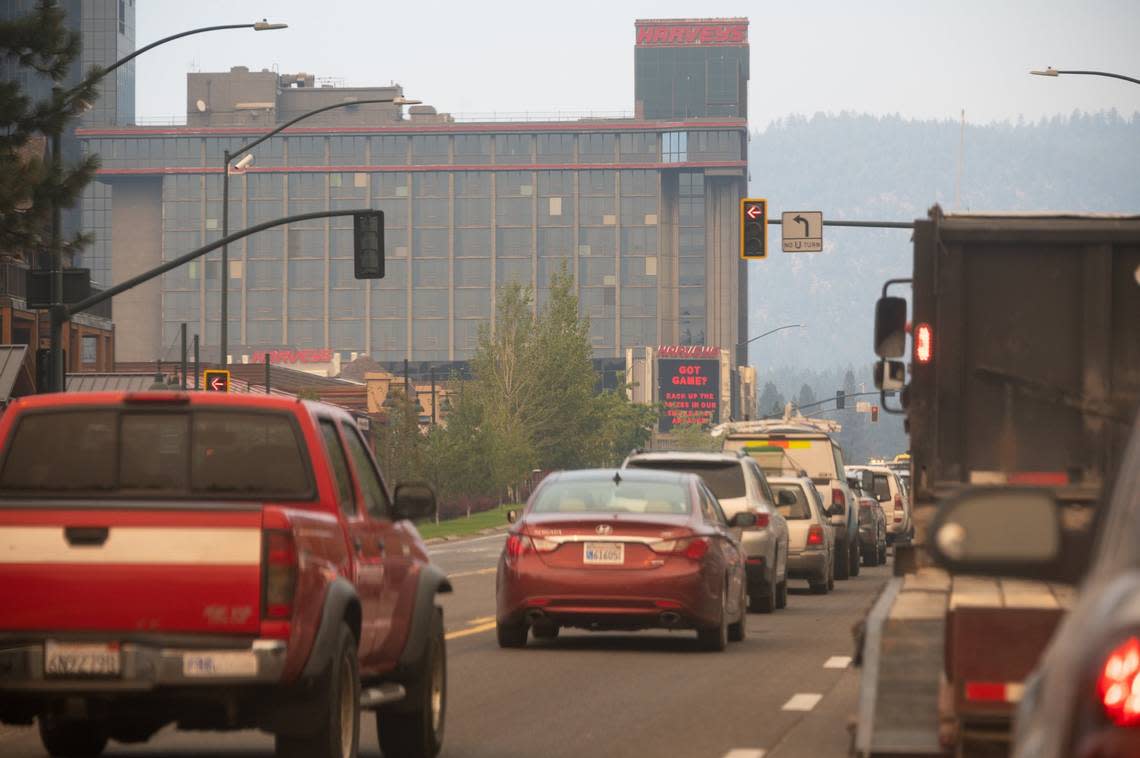 Cars jam Highway 50 in Stateline, Nevada,as they flee their homes after a mandatory evacuation during the Caldor Fire three years ago. People forced to flee the Lake Tahoe Basin during a wildfire emergency could face a life-threatening, hours-long, slog to safety, a new report reveals. Paul Kitagaki Jr./pkitagaki@sacbee.com