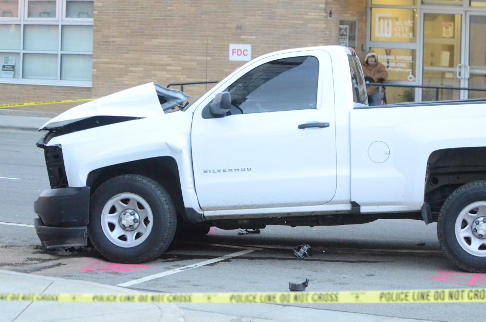 One of the trucks involved in a two-vehicle crash at the intersection of North 8th and North A streets in Richmond, Saturday, April 6, 2024. A woman who was struck outside Music City Place died from her injuries Monday.