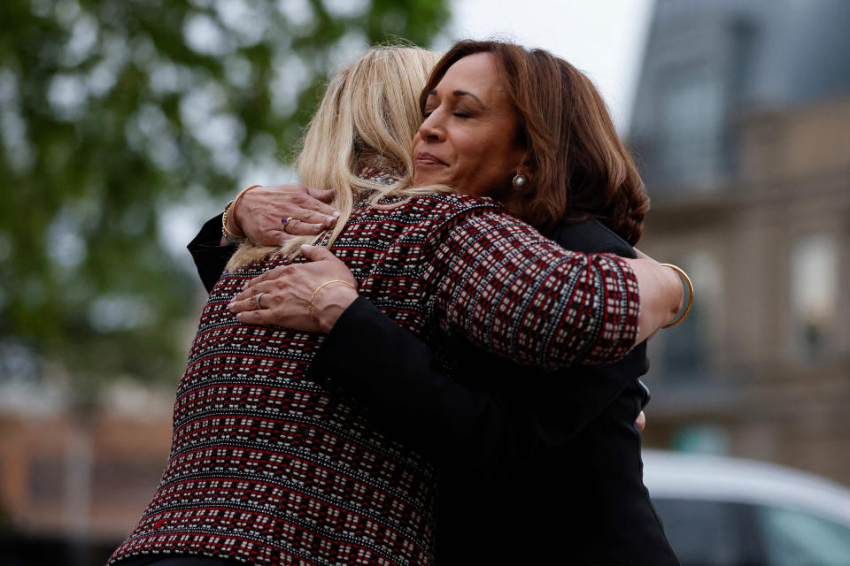 Image: Vice President Kamala Harris hugs Mayor Nancy Rotering during a visit to the site of the shooting in Highland Park, Ill., on July 5, 2022. (Kamil Krzaczynski / AFP - Getty Images)