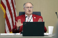 South Carolina State Board of Education Chairman David O'Shields proposed that the board delay for several weeks approving guidelines banning cellphone use by students during instructional time at a meeting on Tuesday August, 13, 2024, in West Columbia, S.C. (AP Photo/Jeffrey Collins)