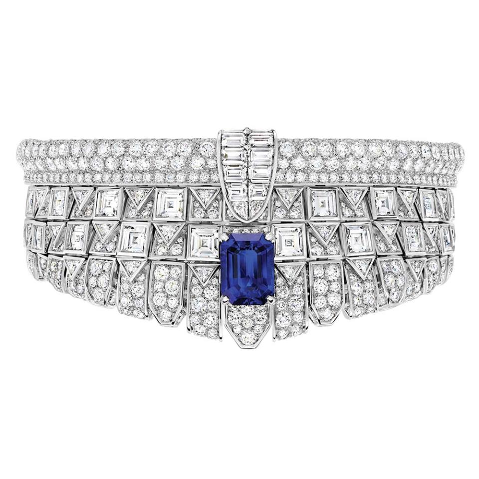 Louis Vuitton’s Spirit High Jewelry Liberty bracelet features a 4.6-carat Madagascar sapphire among white diamonds set in 18-karat white gold; price upon request, at Louis Vuitton, Beverly Hills