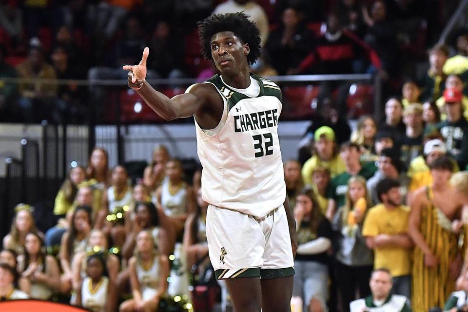 Northwood’s Drake Powell reacts after making the 3-point shot in the second half agaunst Central Cabarrus. The Northwood Chargers and the and the Central Cabarrus Vikings met in the NCHSAA 3A Championship Game in Raleigh, NC on March 11, 2023.