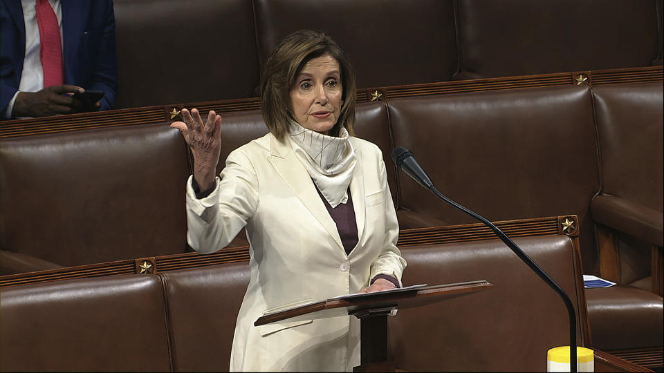 In this image from video, House Speaker Nancy Pelosi of Calif., speaks on the floor of the House of Representatives at the U.S. Capitol in Washington, Thursday, April 23, 2020. (House Television via AP)