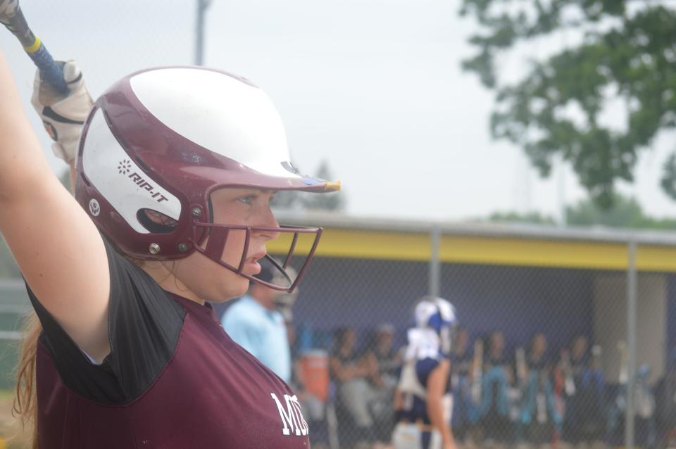 Morenci's Bekah Shoemaker stretches in the on deck circle during the 2021 regional softball tournament.