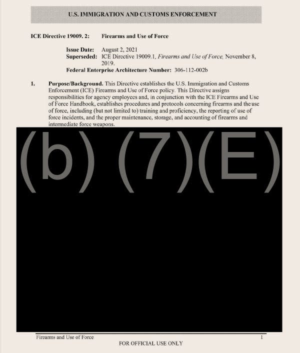 A mostly redacted document titled U.S. Immigration and Customs Enforcement - ICE Directive 19009.2: Firearms and Use of Force