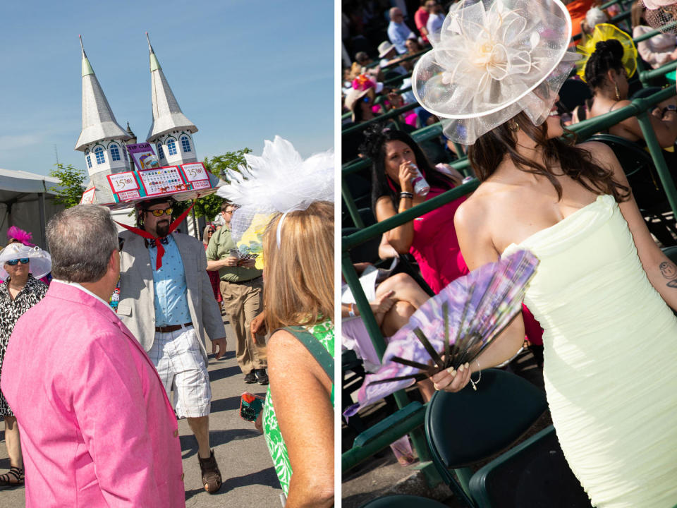 A man wears a cardboard replica hat of Churchill Downs as attendees look; a woman fans herself.