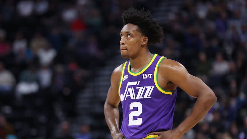 Utah Jazz guard Collin Sexton (2) watches the clock after the Jazz fell behind in Salt Lake City on Thursday, Feb. 22, 2024. The Hornets won 115-107. The Jazz have lost 13 of their last 18 games and have one of the hardest schedules remaining in the NBA.