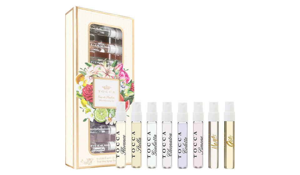 Eight sample spray bottles of Tocca perfumes in a floral package.