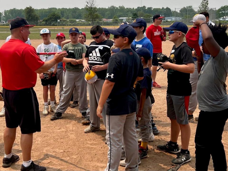 Marion Harding head baseball coach Jeff Bolander talks to campers during the Greg Swepston Memorial Baseball/Softball Camp last year. Bolander will return to help the baseball portion on June 12.