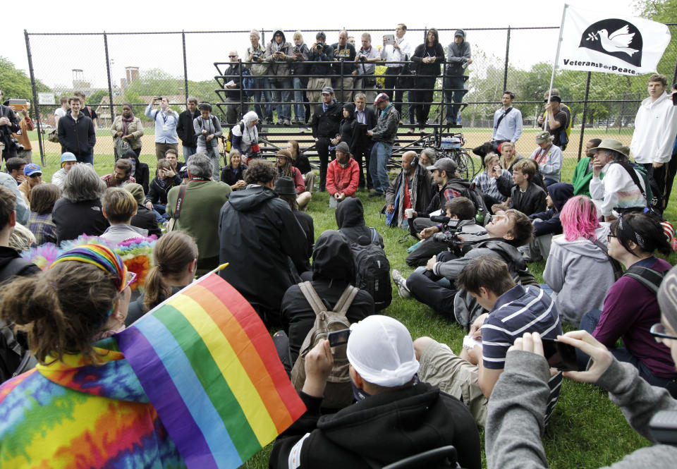 Protesters gather at Union Park, in Chicago before marching to Boeing for a demonstration as a part of the NATO summit Monday, May 21, 2012 in Chicago. Demonstrators prepared Monday to launch another round of protests in the final hours of the NATO summit, a suburban community that could become the site of a detention facility to hold illegal immigrants.    (AP Photo/Nam Y. Huh)