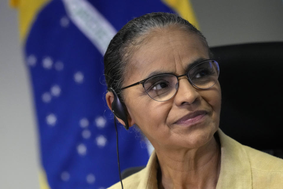 Brazil's Environment Minister Marina Silva listens to a question from the press during a news conference with Germany's Economic Cooperation and Development Minister Svenja Schulze in Brasilia, Brazil, Monday, Jan. 30, 2023. (AP Photo/Eraldo Peres)