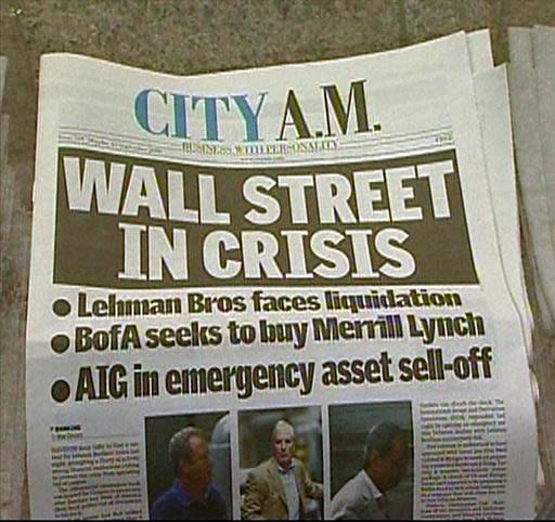 City AM newspaper headline reads 'Wall Street In Crisis', London, England, video still