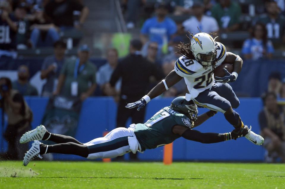 <p>Los Angeles Chargers running back Melvin Gordon, top, tries to get past Philadelphia Eagles strong safety Malcolm Jenkins during the first half of an NFL football game Sunday, Oct. 1, 2017, in Carson, Calif. (AP Photo/Mark J. Terrill) </p>