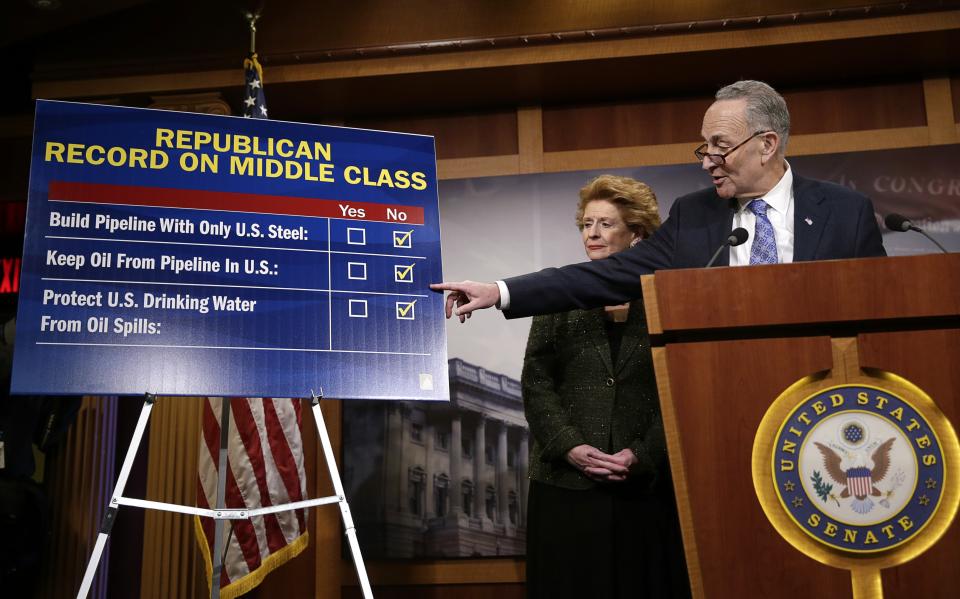 U.S. Senator Chuck Schumer (D-NY) (R) and Senator Debbie Stabenow (D-MI) (L)respond to Republicans at a Democrat response news conference after voting on amendments on the Keystone XL pipeline bill on Capitol Hill in Washington January 29, 2015. REUTERS/Gary Cameron (UNITED STATES - Tags: POLITICS ENVIRONMENT ENERGY)