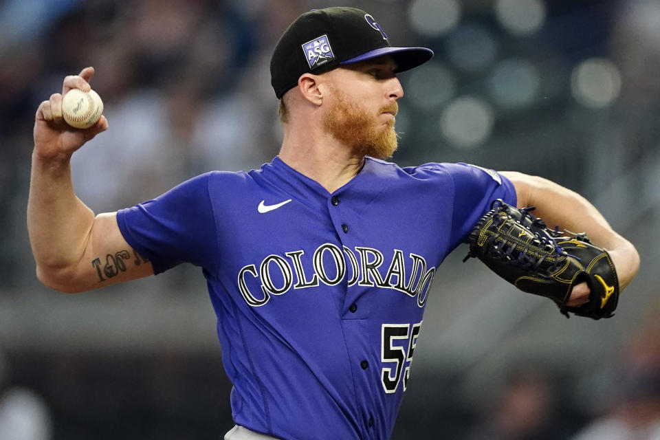 Colorado Rockies starting pitcher Jon Gray (55) delivers to an Atlanta Braves batter in the first inning of a baseball game Tuesday, Sept. 14, 2021, in Atlanta. (AP Photo/John Bazemore)