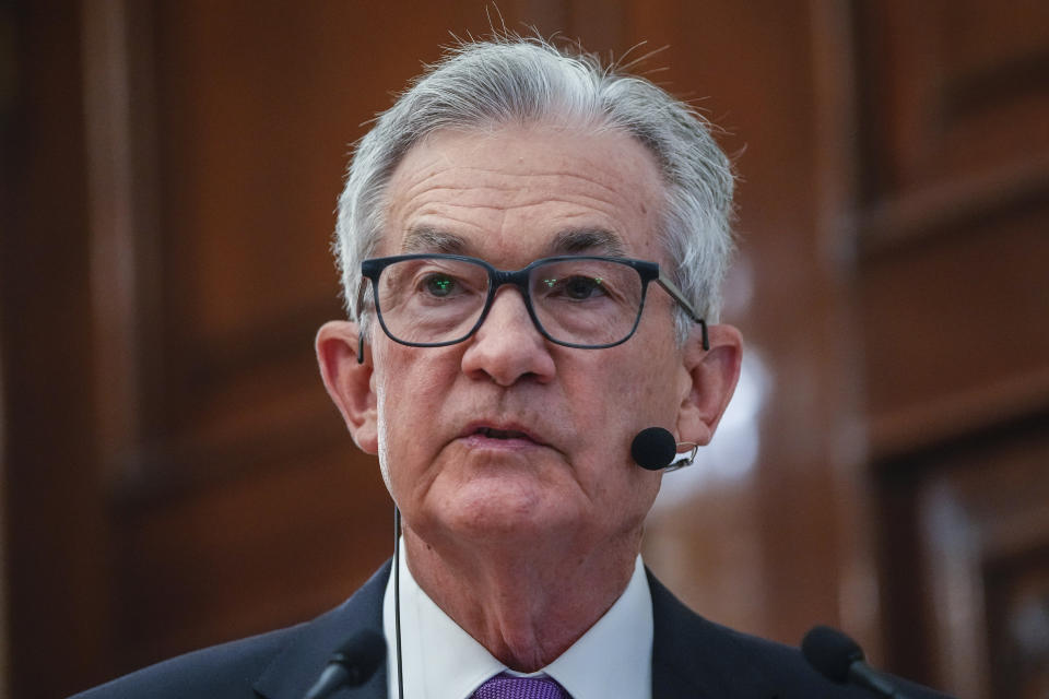 Federal Reserve Chairman Jerome Powell speaks during a meeting at the Spain's Central Bank in Madrid, Spain, Thursday, June 29, 2023. Federal Reserve Chair Jerome Powell says the central bank may have to tighten its oversight of the American financial system after the failure of three large U.S. banks this spring. (AP Photo/Manu Fernandez)