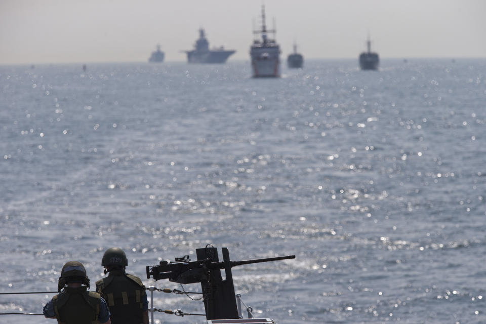 <p>Crew members of Her Majesty Canadian Ship Athabaskan stand guard as the ship sails in the Hudson bay as part of the parade of ships, Wednesday, May 25, 2016, in New York. The annual Fleet Week is bringing activities including a parade of ships sailing up the Hudson River and docking around the city. The events continue through Memorial Day. (AP Photo/Mary Altaffer) </p>