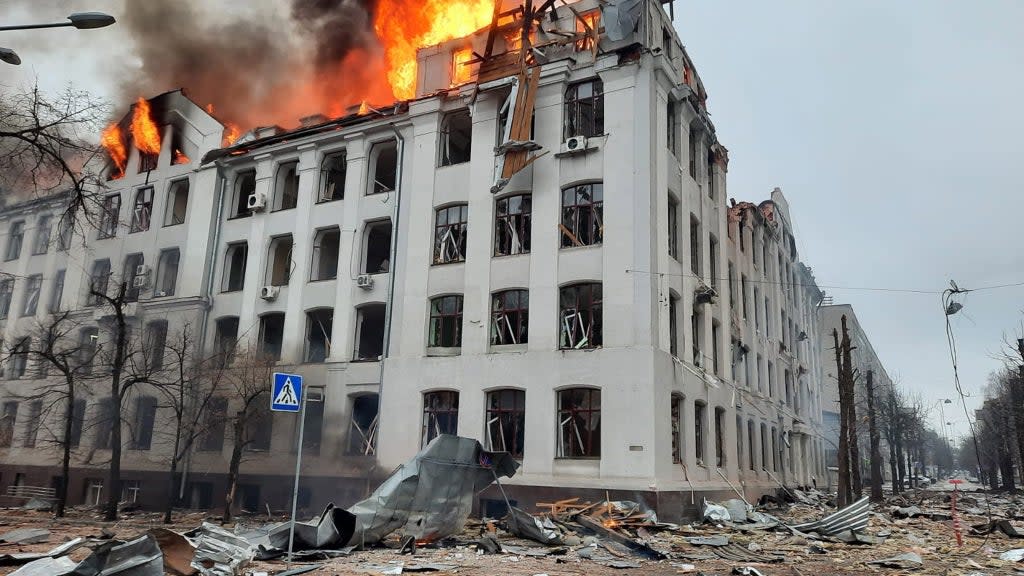 A handout photo released by the press service of the State Emergency Service of Ukraine shows a fire in a building of the Security Service of Ukraine (SBU) after shelling in Kharkiv (EPA)