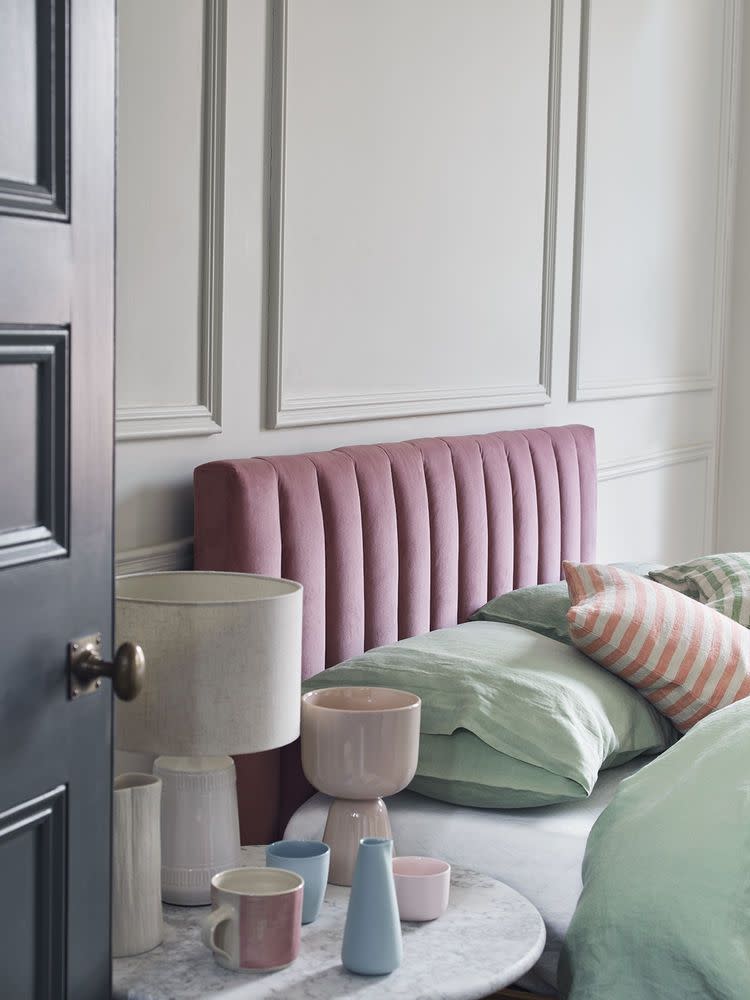 <p>If you're a light sleeper, and tend to decorate your bedroom in calming shades, consider pastels. 'Introducing pops of colour could be the perfect way to subtly inject some positivity into your bedroom, without this impacting on your sleep quality and quantity,' says Sammy Margo, Sleep Expert at Dreams. </p><p>Pictured: <a href="https://www.dreams.co.uk/maisy-velvet-finish-shadow-ottoman-bed-frame/p/255-00416/" rel="nofollow noopener" target="_blank" data-ylk="slk:House Beautiful Maisy Bed at Dreams;elm:context_link;itc:0;sec:content-canvas" class="link ">House Beautiful Maisy Bed at Dreams</a></p>